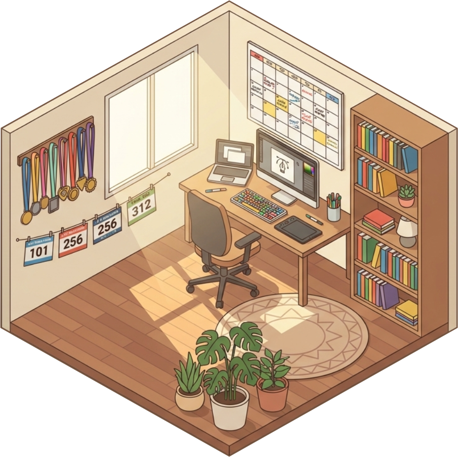 Isometric illustration of Imam's workspace